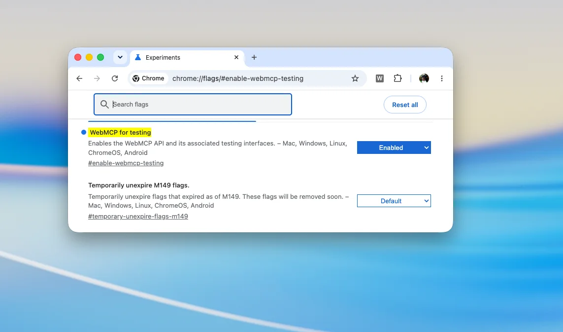 Chrome's flags page with "WebMCP for testing" set to Enabled, the one flag the whole experiment runs behind