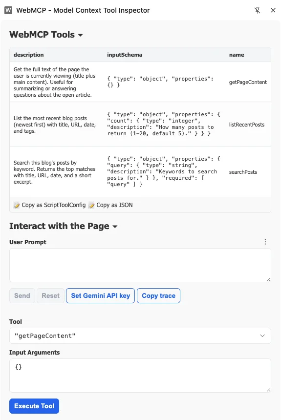Chrome's Model Context Tool Inspector on this site, listing the three surviving tools with their schemas: getPageContent, listRecentPosts, and searchPosts
